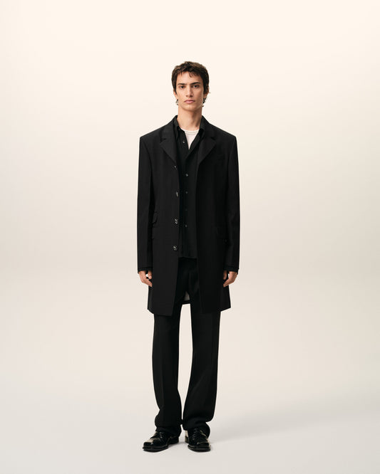 Blazer Long Noir Droit Simple Boutonnage en Laine Vierge