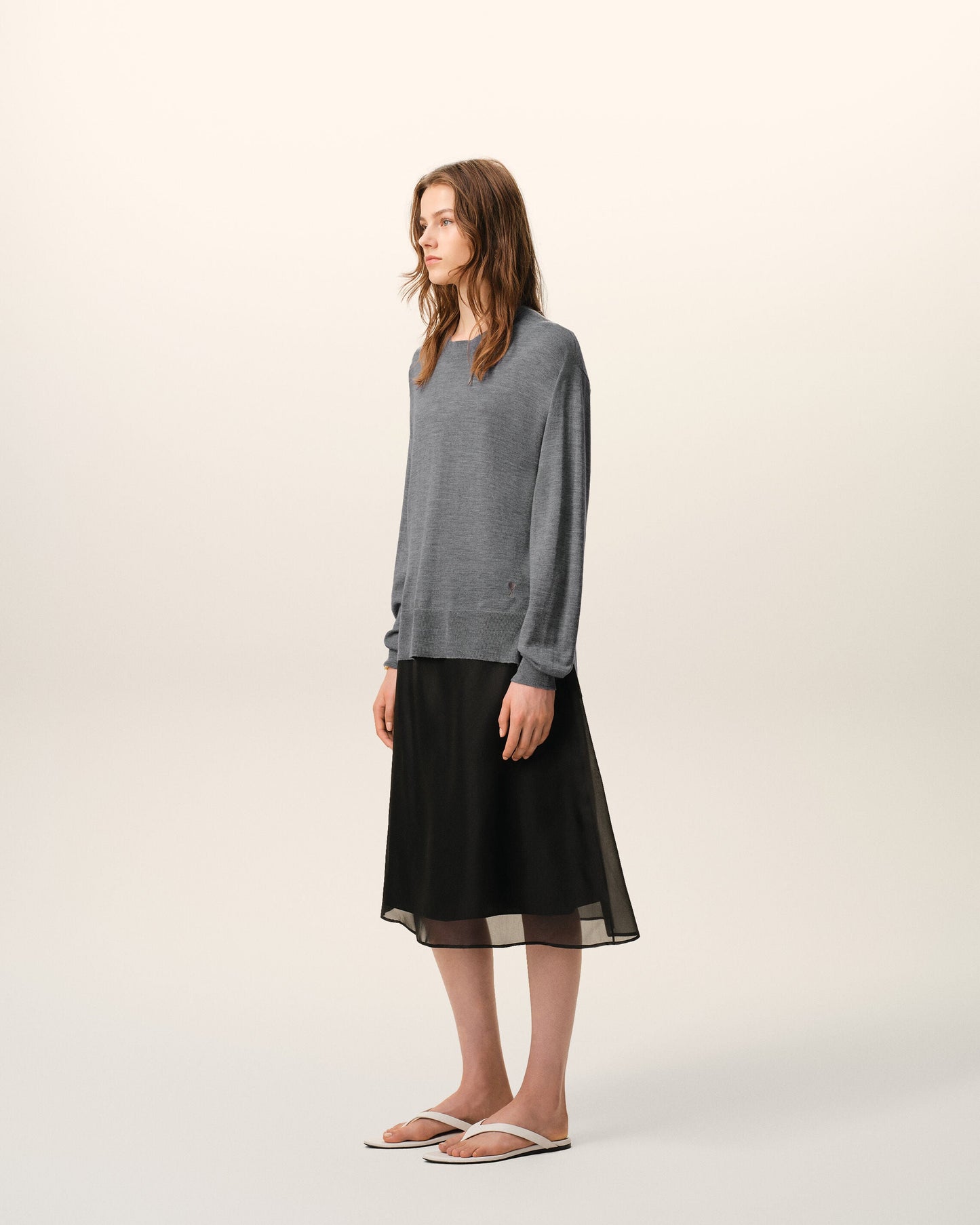 Pull Gris Col Rond Ami De Coeur en Laine Fine